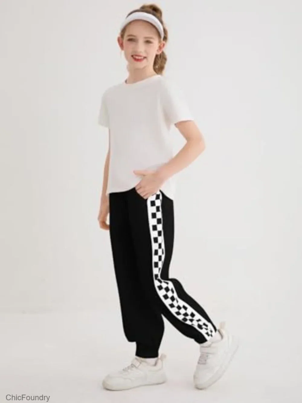 Girls Baggy Joggers Athletic Checkered Track Pants with Pockets 5-14Y